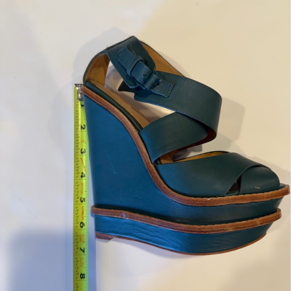 L.A.M.B Green Leather Platform Wedge Sandals Size 6 Designer Strappy Heels - Picture 7 of 8